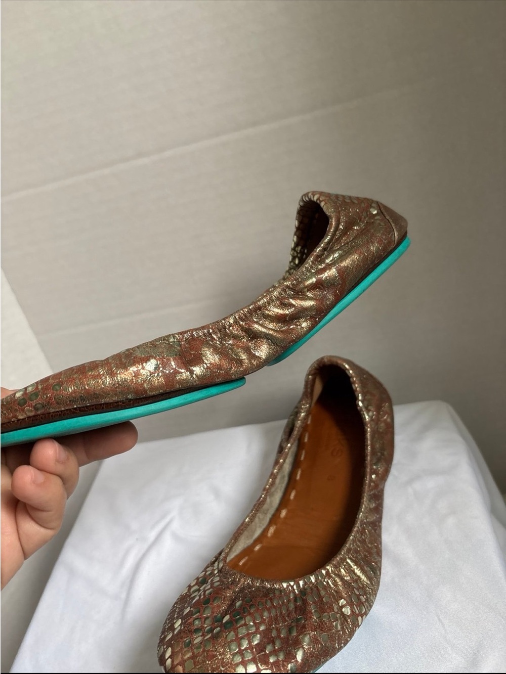 Tieks Metallic Bronze Ballet Flats with Teal Soles size 8 - Picture 4 of 9
